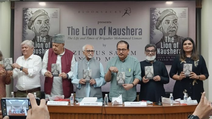 Author Anand Mishra with J&K former CM Farooq Abdullah, former Vice President of India Hamid Ansari, and Rajya Sabha MP Manoj Jha, and Ziya Us Salam at the book launch | Krishan Murari, ThePrint