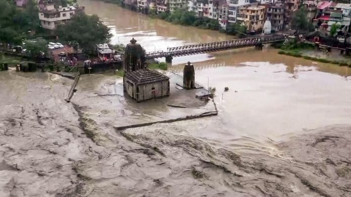 A view of an area severely affected by flash floods and incessant rains, Mandi