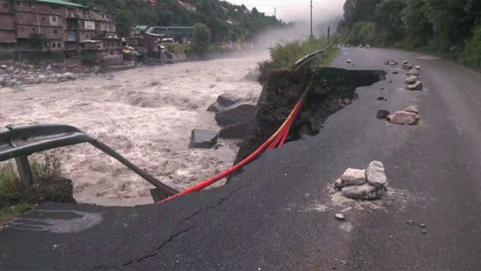 The collapsed portion of the Chandigarh-Manali National Highway, Kullu