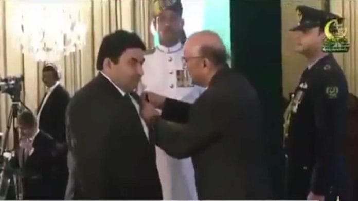 Pakistan's President Asif Ali Zardari conferring the Tamgha-e-Imtiaz award on Qamar Cheema