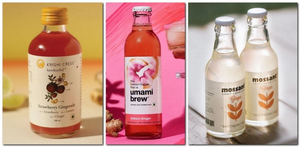 Bottles of kombucha from Indian brands Krishi Cress, Umami Brew, and Mossant | By special arrangement