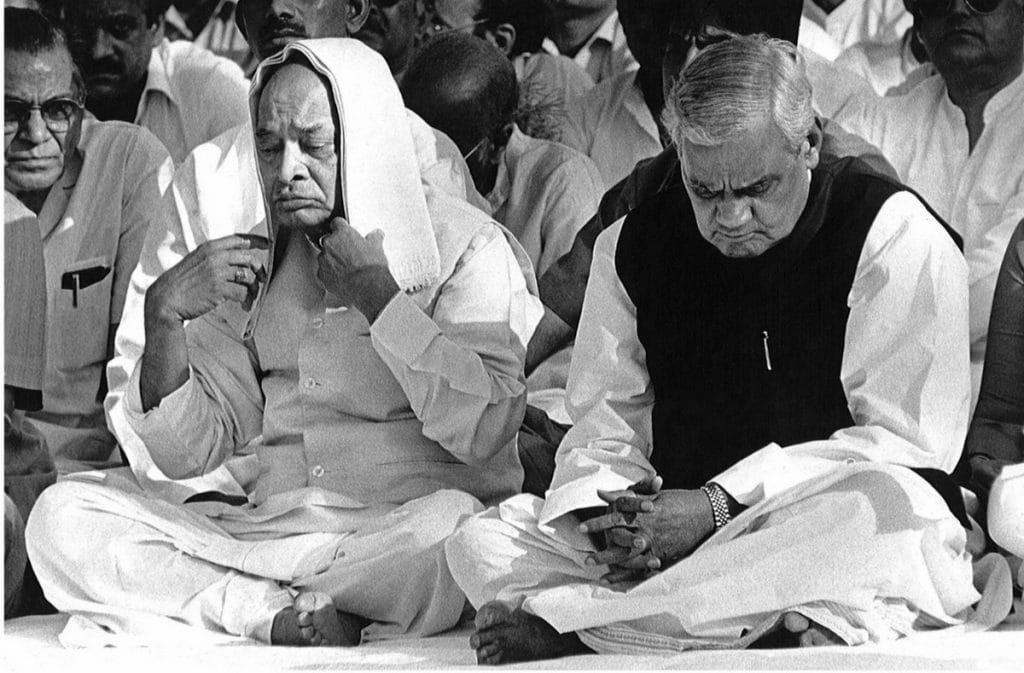 PV Narasimha Rao and Atal Bihari Vajpayee at a samadhi. Years later, Vajpayee would call Rao the true father of India’s nuclear programme | Photo: Praveen Jain | ThePrint 
