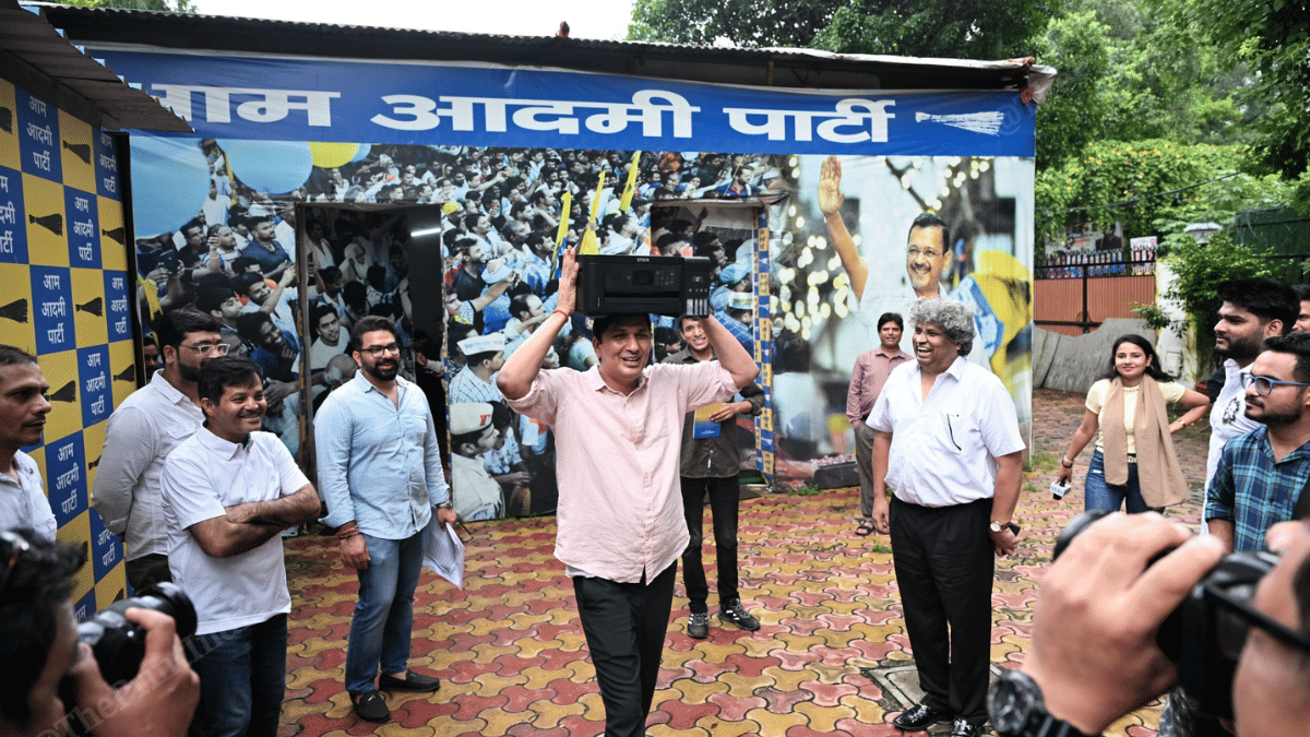 AAP Delhi president Saurabh Bharadwaj addressing a press conference after ED raids on premises 'linked' to him, on 27 August, 2025 | Suraj Singh Bisht | ThePrint