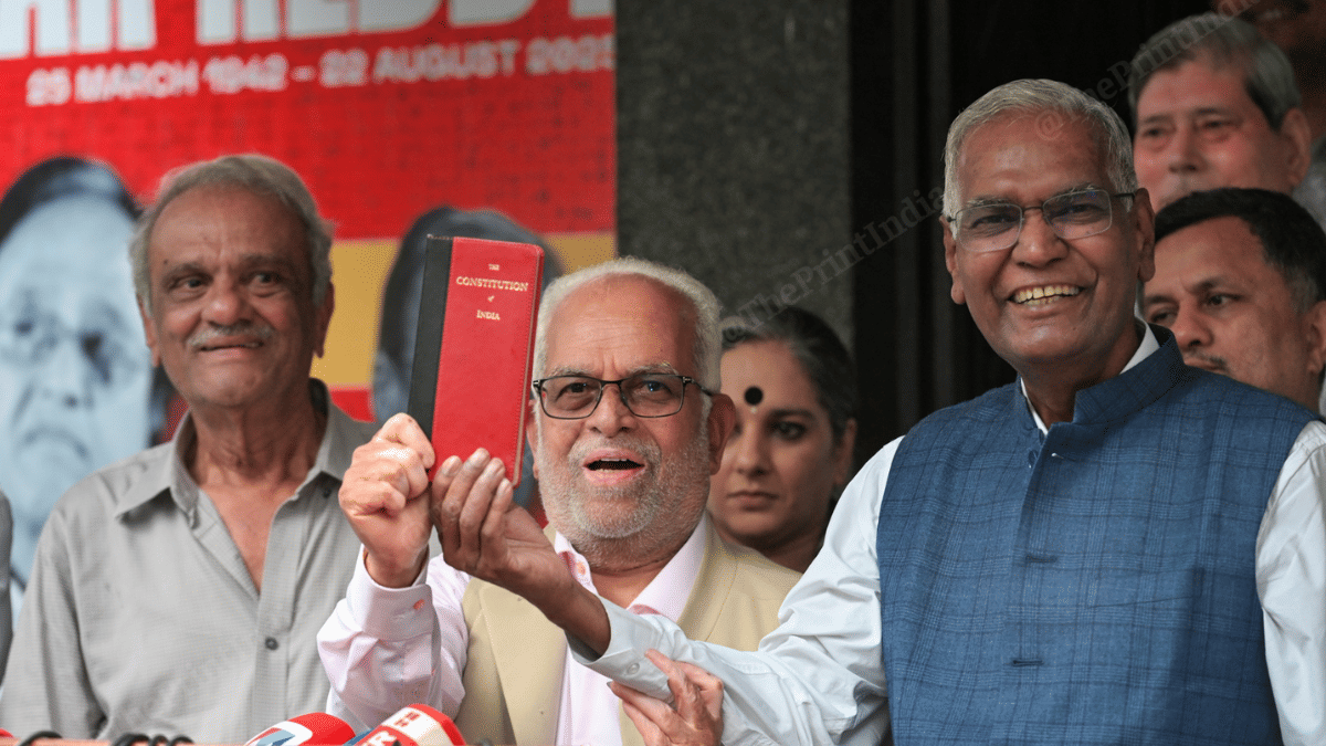 Opposition's Vice Presidential candidate former Supreme Court judge Justice B. Sudarshan Reddy with Communist Party of India (CPI) leaders including general secretary D. Raja in New Delhi on 27 August | Suraj Singh Bisht | ThePrint