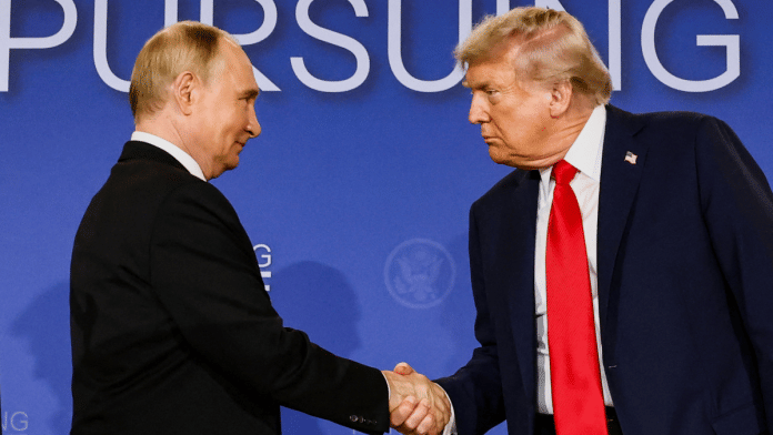 U.S. President Donald Trump and Russian President Vladimir Putin shake hands during a press conference following their meeting to negotiate an end to the war in Ukraine, at Joint Base Elmendorf-Richardson, in Anchorage, Alaska, U.S., August 15, 2025 | Reuters