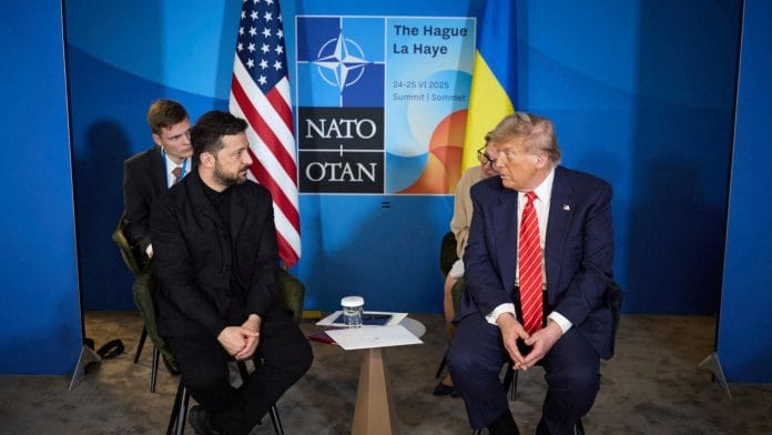 U.S. President Donald Trump and Ukraine's President Volodymyr Zelenskiy attend a meeting on the sidelines of NATO summit in The Hague, Netherlands June 25, 2025. Ukrainian Presidential Press Service | REUTERS