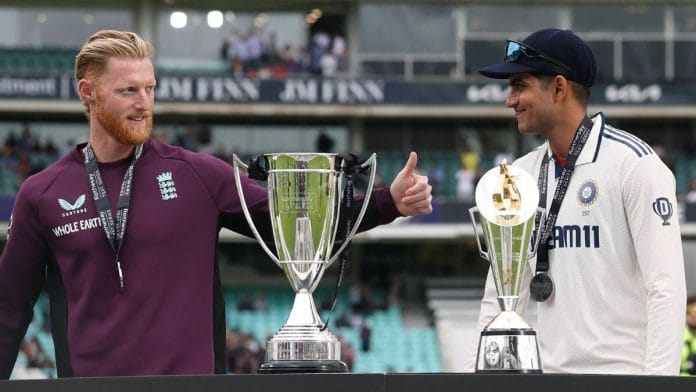 India's Shubman Gill with England's Ben Stokes after India won the fifth Test match at the Kia Oval, London to draw the test series on 4 August | Reuters
