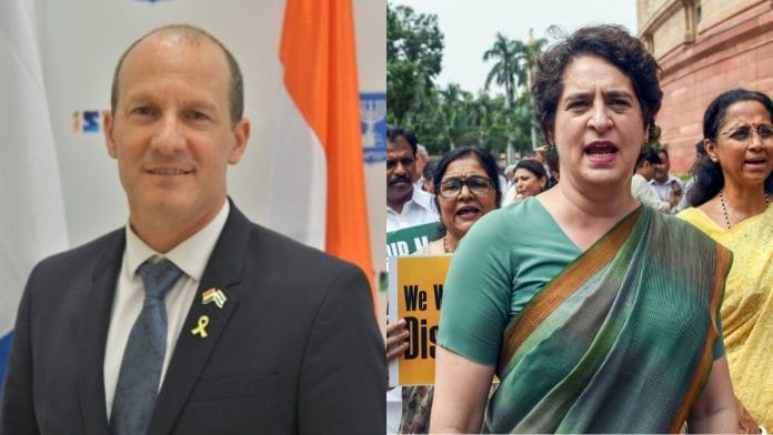 File photos: Israel's Israel’s ambassador to India, Reuven Azar & Congress MP Priyanka Gandhi Vadra | X, ANI