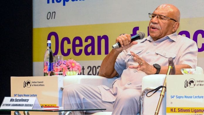 Fiji Prime Minister Sitiveni Ligamamada Rabuka speaks at 54th Sapru House Lecture on 'Ocean of Peace' in New Delhi Tuesday | PTI