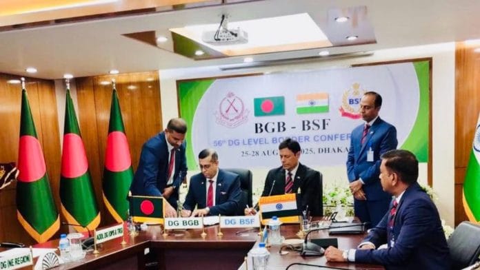 BSF DG Daljit Singh Chawdhary with BGB chief Major General Mohammad Ashrafuzzaman Siddiqui at the conference this week in Dhaka | By special arrangement