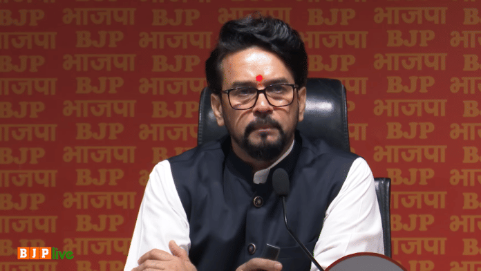 BJP MP Anurag Thakur addresses press conference in Delhi Wednesday. | YouTube screengrab/@bjp