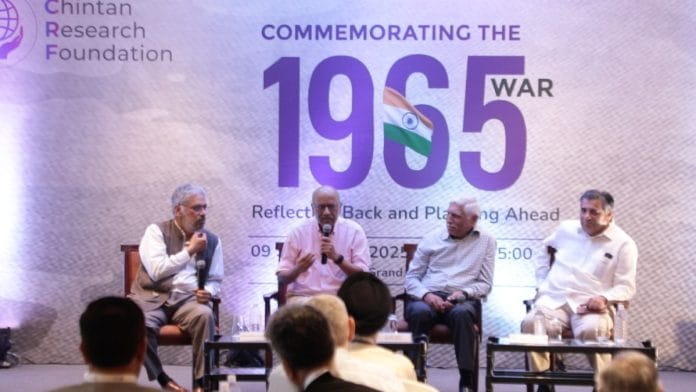 (L-R) C. Raja Mohan, Shekhar Gupta, Lt Gen Vinod Bhatia (Retd) and T.C.A. Raghavan during panel discussion held in New Delhi to commemorate 1965 war on 9 September, 2025 | ThePrint Team