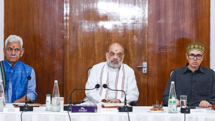 Union Home Minister Amit Shah, J&K Lt. Governor Manoj Sinha & CM Omar Abdullah during a meeting over the flood situation, at Raj Bhawan, Jammu, 1 September 2025. | PTI