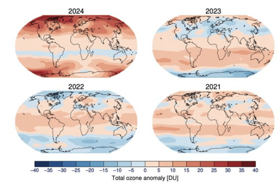 Deviation of recent annual mean total ozone columns from the geographic long-term average distribution. | wmo.int