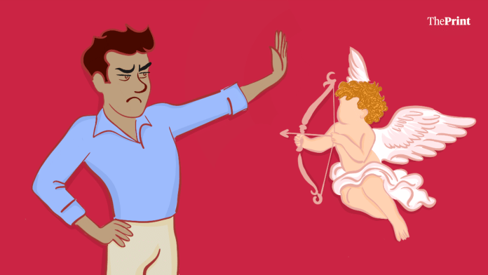 A 'diljala ashiq' or jilted lover blocks a Cupid's arrow.