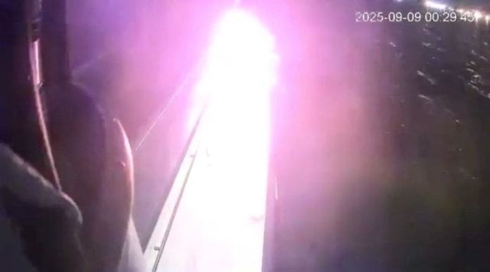 A CCTV footage shows a glow from a fire that struck a vessel of the Global Sumud Flotilla (GSF) in the Tunisian waters off the coast of Tunisia on 8 September 2025, in this screen grab. | Global Sumud Flotilla | Handout via Reuters