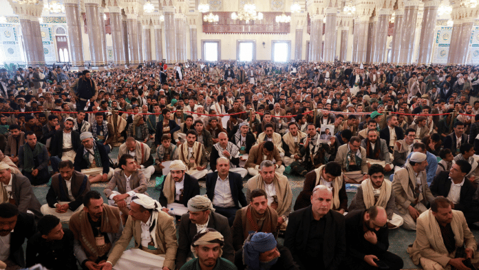 Mourners attend the funeral procession of Houthi government officials killed in an Israeli strike, in Sanaa, Yemen on 1 September 2025. | Khaled Abdullah | Reuters