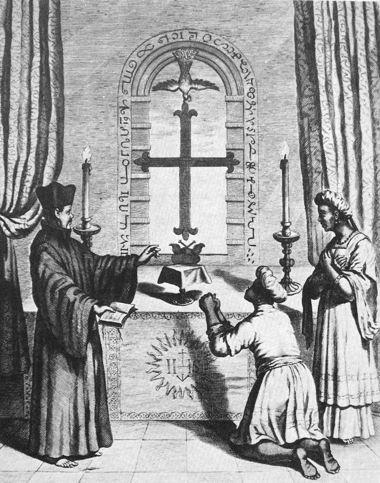 Print showing the shrine of Thomas the Apostle at Mylapore, reproduced in 'A Study of History' by Arnold J Toynbee; c. 18th century