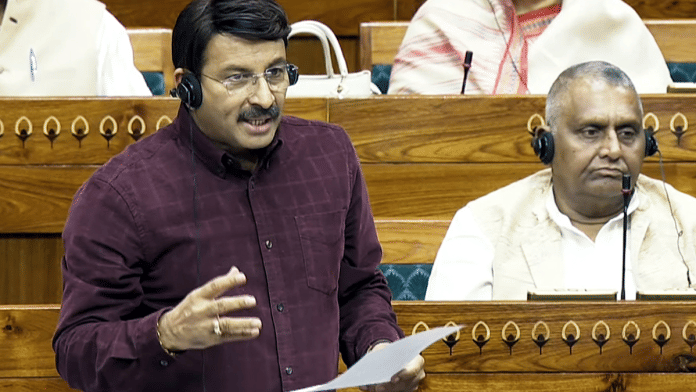 BJP MP Manoj Tiwari speaks in the Lok Sabha during the Monsoon Session of Parliament, in New Delhi | ANI