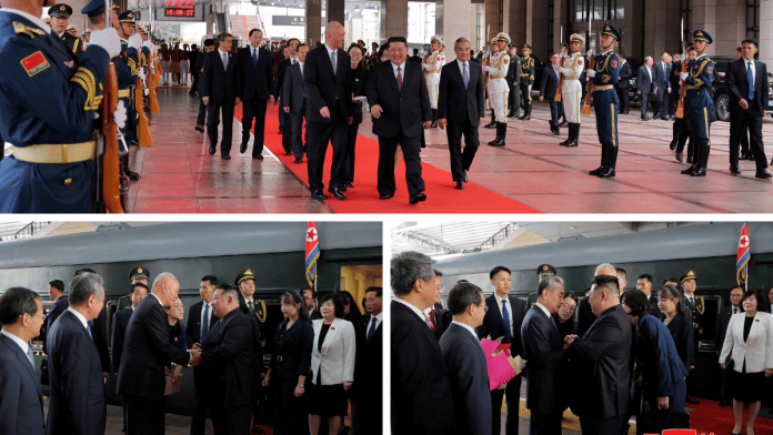 A combination picture released by the Korean Central News Agency on 2 September 2025, shows North Korean leader Kim Jong Un walking (top), and being greeted next to his daughter Kim Ju Ae by Director of the General Office of the Chinese Communist Party (CCP) Cai Qi (bottom left) and Chinese Foreign Minister Wang Yi (bottom right), after his arrival in Beijing, China. | KCNA via Reuters