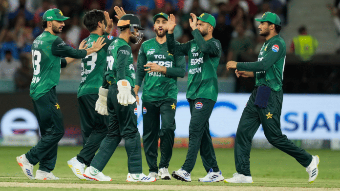 Pakistan's Saim Ayub, second left, celebrates with teammates after the dismissal of India's Shubman Gill during the Asia Cup cricket match between India & Pakistan at Dubai International Cricket Stadium. | PTI
