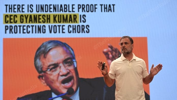 Congress leader Rahul Gandhi addressing a press conference at Indira Bhawan in New Delhi on 18 September, 2025 | Suraj Singh Bisht | ThePrint