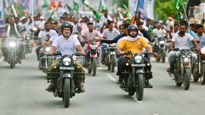 RJD leader Tejashwi Yadav (right) and Congress MP Rahul Gandhi ride motorcycles during ‘Voter Adhikar Yatra’ in Bihar last month | Photo: ANI