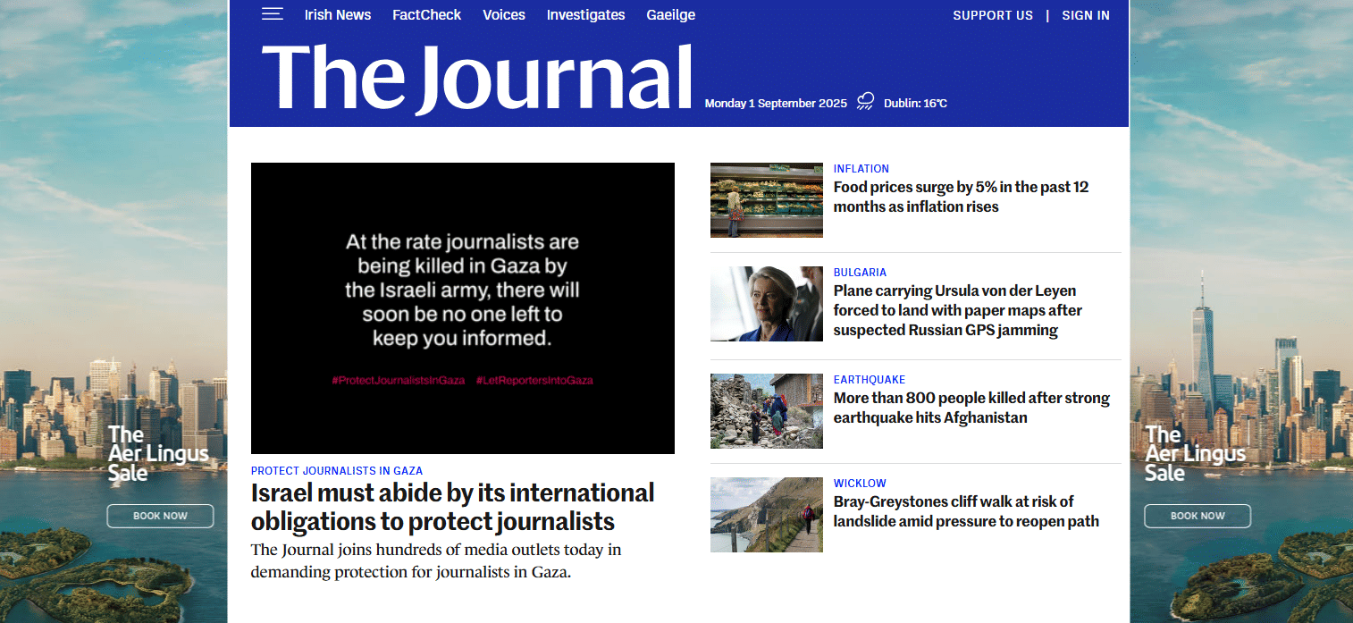 Screen grab of the homepage of The Journal