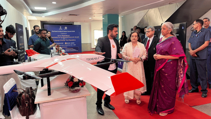 Finance Minister Nirmala Sitharaman interacts with entrepreneurs from frontier tech industry at NITI Aayog event on Monday in New Delhi | X/@nsitharamanoffc