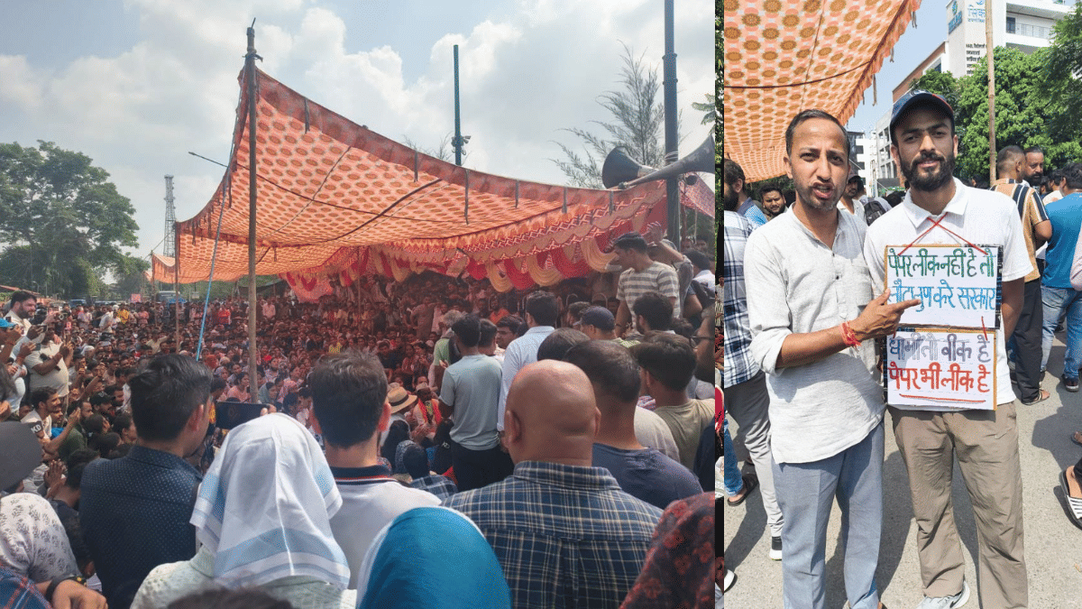 Students protesting in Dehradun against paper leak in UKSSSC exam. | By special arrangement 