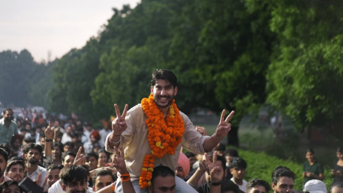 Panjab University Campus Students' Council president Gaurav Veer Sohal celebrates his victory with ABVP supporters | X/@ABVPVoice