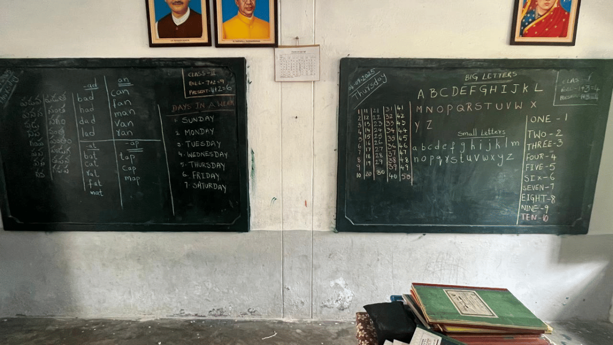 Blackboards for Class 2 (left) and Class 1 (right) hang side by side at Foundational school in Guntupalli. | Udit Bubna/ThePrint
