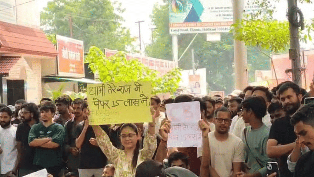 Students protesting in Haldwani against paper leak in UKSSSC exam. | By special arrangement