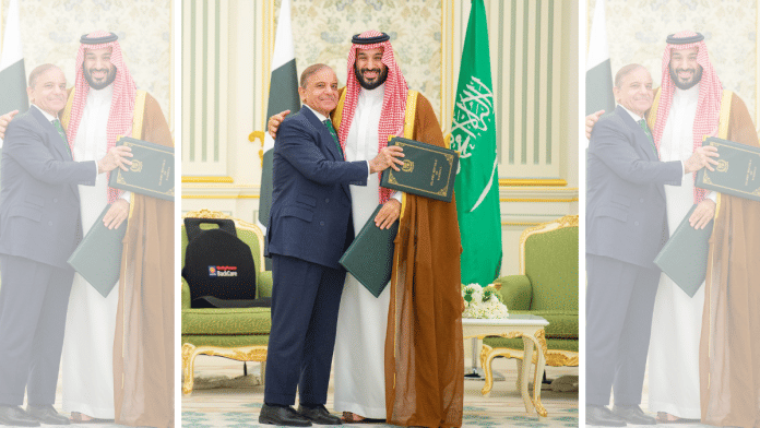 Pakistan’s Prime Minister Shehbaz Sharif with Saudi Arabia’s Crown Prince Mohammed bin Salman after signing the pact in Riyadh | X/@CMShehbaz