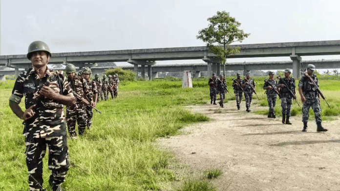SSB and the Armed Forces Nepal conduct a joint route march at the Indo-Nepal border, at Panitanki in Darjeeling on Wednesday. | ANI