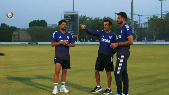 Team India head coach Gautam Gambhir with Kuldeep Yadav & Axar Patel during team's practice session in UAE. | X/@BCCI
