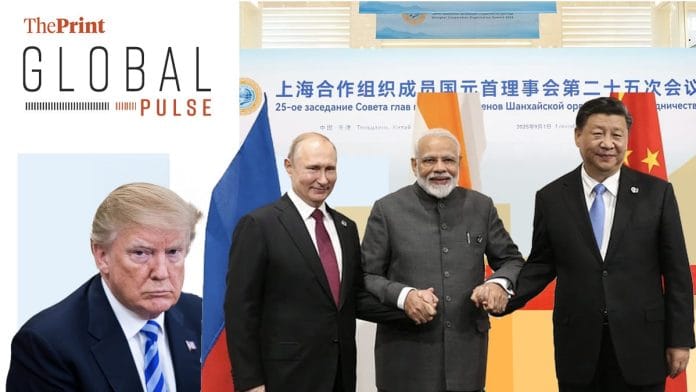 The Wall Street Journal also looks at messaging of SCO summit. It writes the 'carefully-choreographed' visuals are aimed squarely in one direction –– towards the US. | Illustration: Manali Ghosh/ThePrint