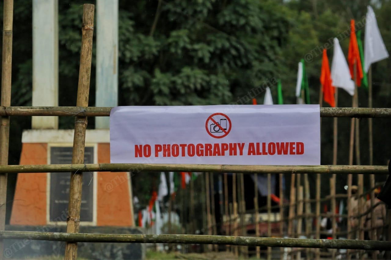 No photography allowed," reads a sign hanging on the outer perimeter of Peace Ground in Manipur's Churachandpur, where Prime Minister Narendra Modi addresses | Praveen Jain | ThePrint