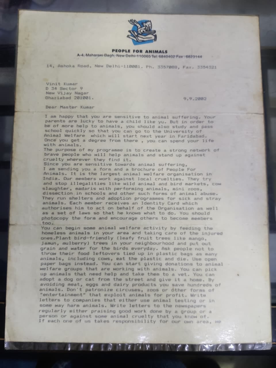 Maneka Gandhi's 's response to Arora's letter in 2002