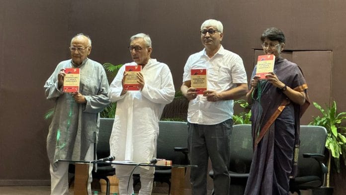 Mani Shankar Aiyar, Prem Shankar Jha, Apoorvanand and Nandini Sundar at the launch of The Dismantling of India’s Democracy: 1947–2025 in Delhi