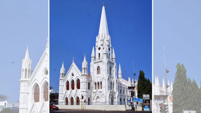 Santhome Basilica, front facade, seen from the south-west; Chennai, Tamil Nadu
