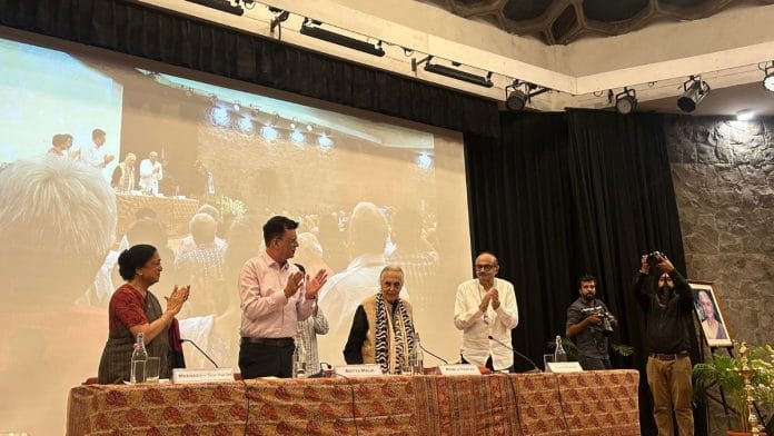 (L-R) Meenakshi Gopinath, Aditya Malik, Romila Thapar, Suhas Borkar at Delhi's India International Centre, 16 September | Photo: Zenaira Bakhsh, ThePrint