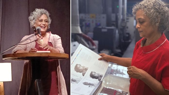 Arundhati Roy during the Delhi launch of 'Mother Mary Comes To Me' (left) and at the offset machine, watching the memoir go into print (right)