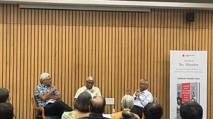 M K Venu (founding editor, The Wire), Ashutosh Gupta (journalist) and Subhash Chandra Garg (former Finance Secretary) at a panel discussion for Garg's book No, Minister | Udit Hinduja | ThePrint