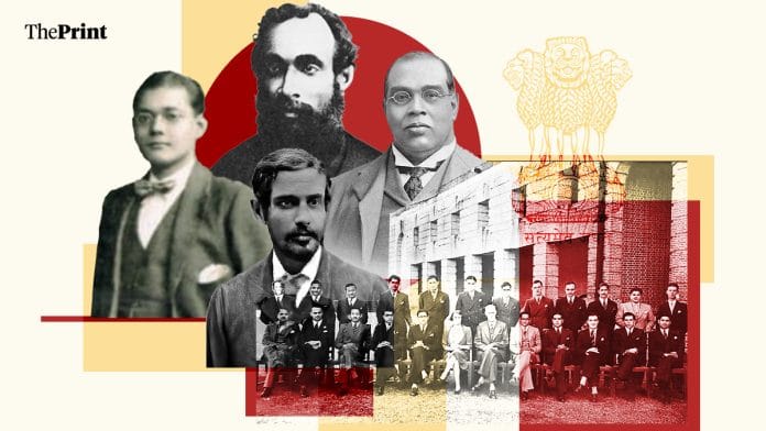 ICS nationalists. Clockwise from left: Subhas Chandra Bose, Surendranath Banerjea, Romesh Chunder Dutt, and Satyendranath Tagore