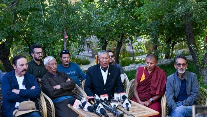Leh Apex Body chairman and former Ladakh MP Thupstan Chhewang, Chering Dorjey, co-chairman of the Leh Apex Body and president of Ladakh Buddhist Association and other leaders address a press conference in Leh | Suraj Singh Bisht | ThePrint