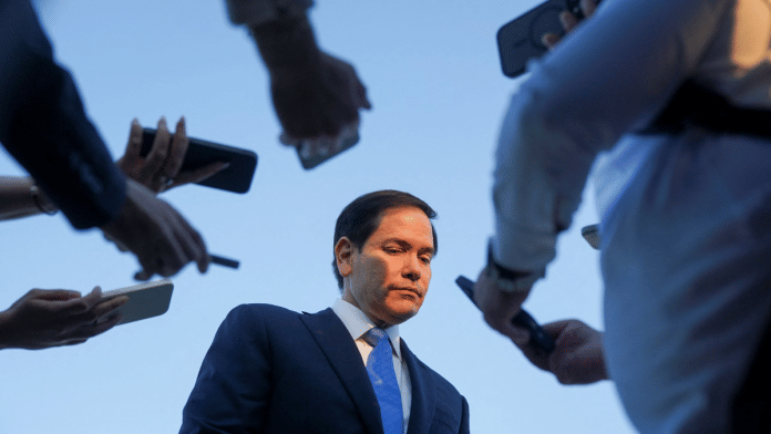 U.S. Secretary of State Marco Rubio listens as he speaks to media at Ben Gurion International Airport, as he departs Tel Aviv for Qatar following an official visit, near Lod, Israel, September 16, 2025 | Reuters
