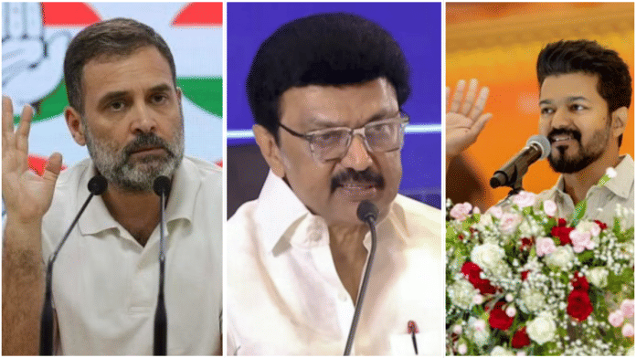 (Left to right) Rahul Gandhi, Tamil Nadu CM MK Stalin and TVK Chief Vijay | ThePrint