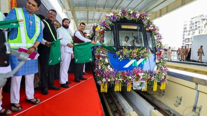 Maharashtra CM Devendra Fadnavis and Deputy CM Eknath Shinde at the technical inspection and trial run of Phase-1 of MMRDA's Metro Line 4 & 4-A, from Gaimukh to Vijay Garden Station | X/@CMOMaharashtra