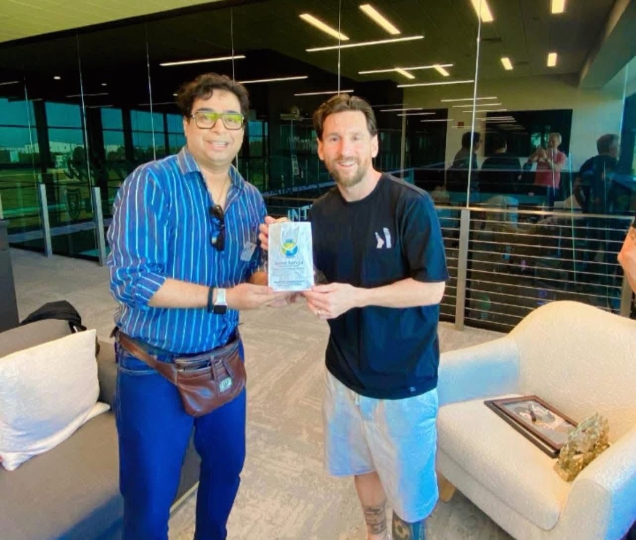 Lionel Messi with the organiser Satadru Dutta at the club tent of Inter Miami in the US